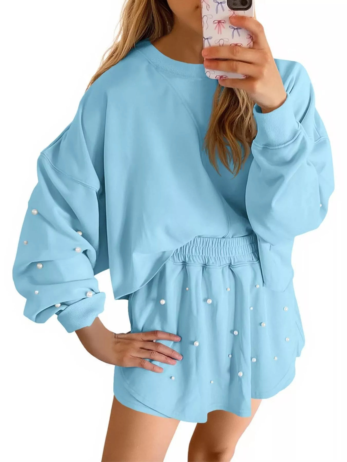 Hazel Blues® | Pearl Embellished Round Neck Top and Skort Set