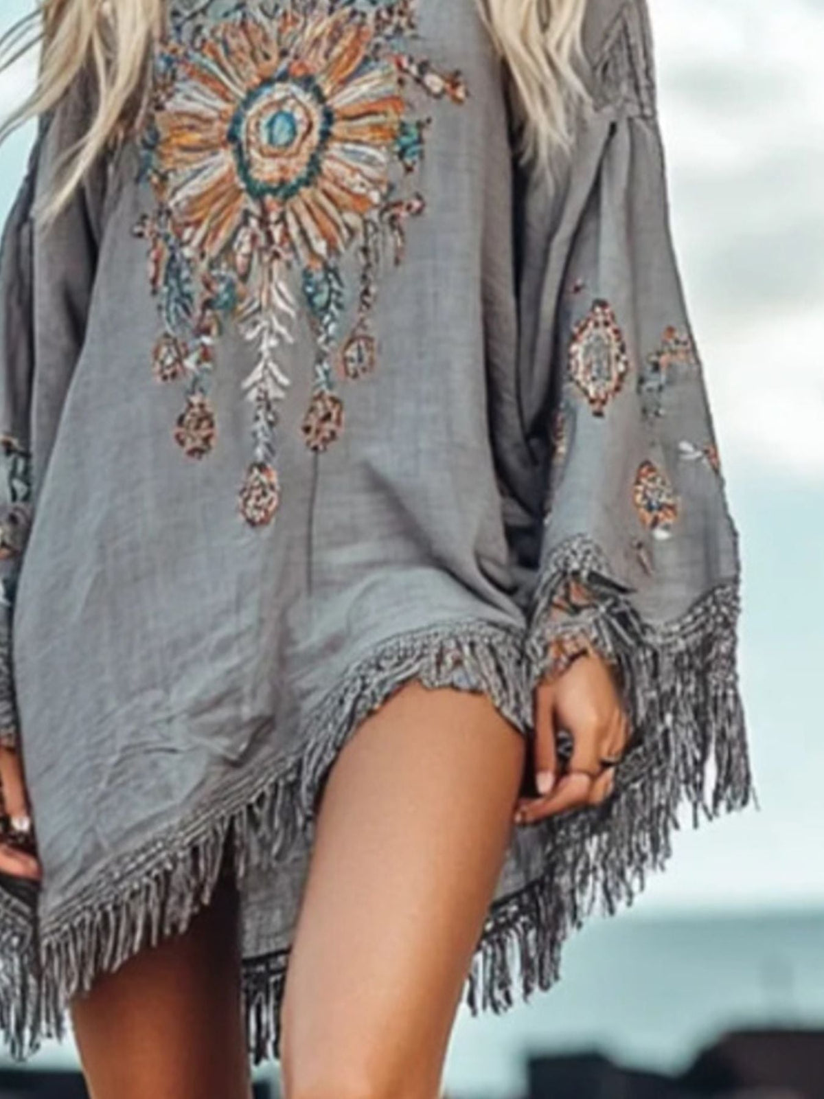 Hazel Blues® | Fringe Hem Long Sleeve Mini Dress