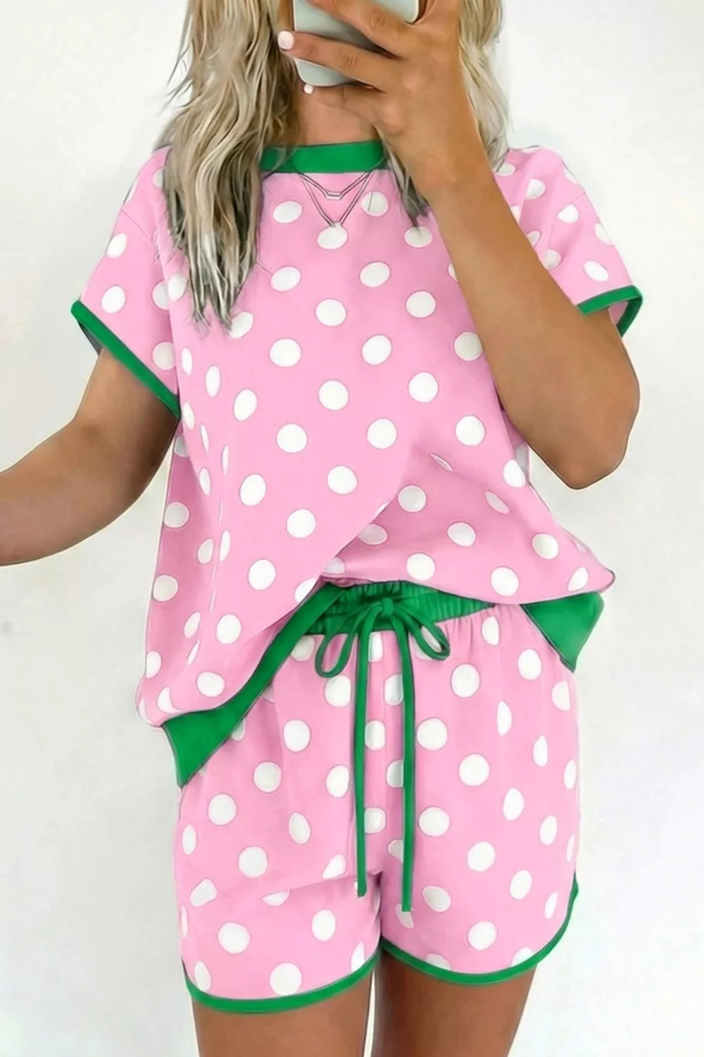 Hazel Blues® | Polka Dot Contrast Trim Top and Drawstring Shorts Set