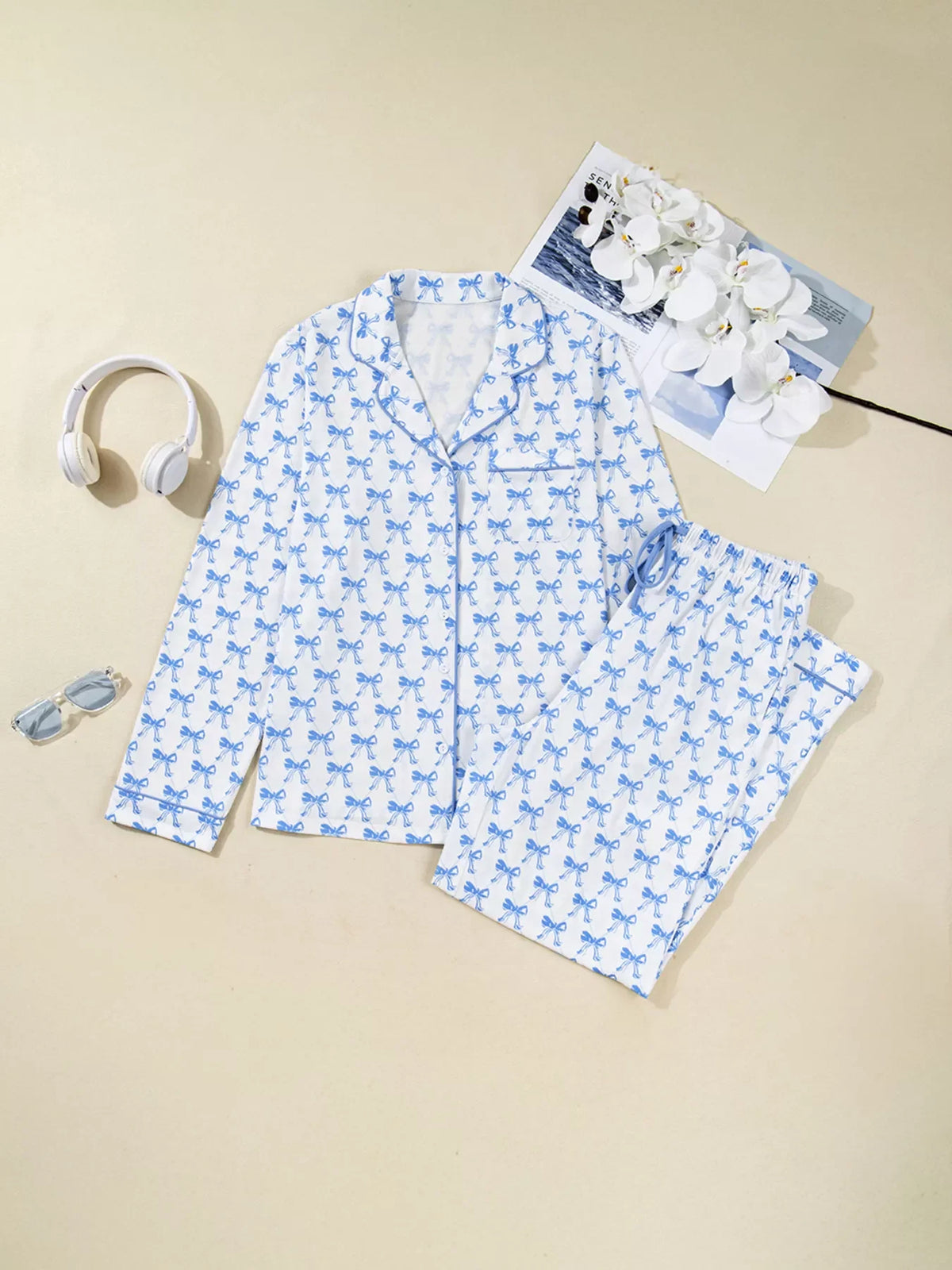 Hazel Blues® | Bow Print Long Sleeve Shirt and Pants Pajama Set
