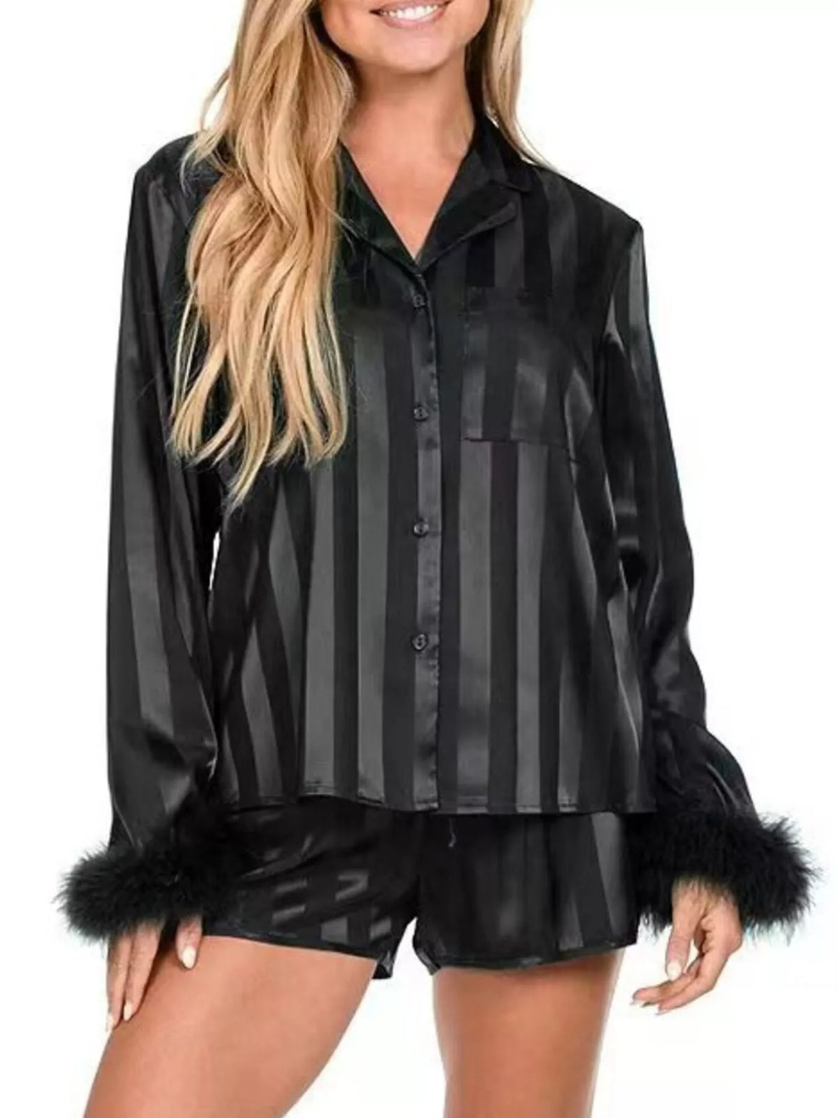 Hazel Blues® | Striped Feather Trim Shirt and Shorts Lounge Set