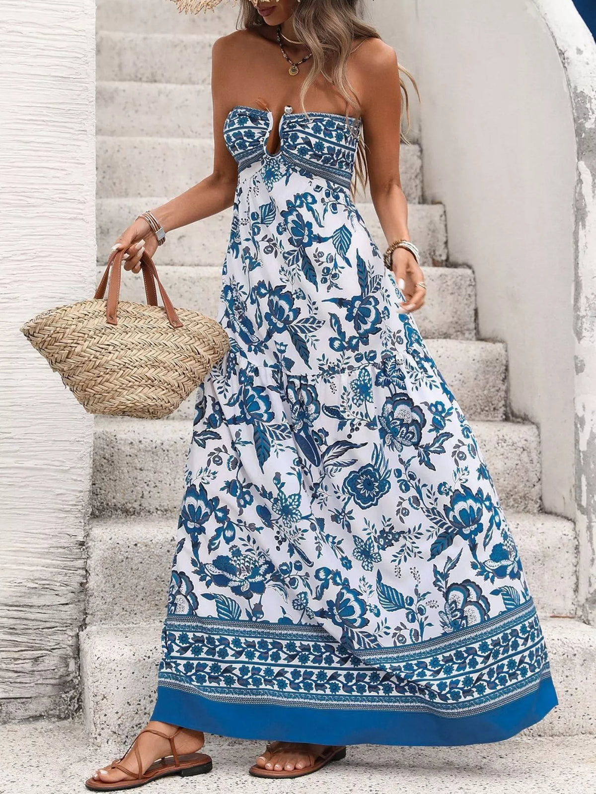 Hazel Blues® | Floral Print Strapless Maxi Dress