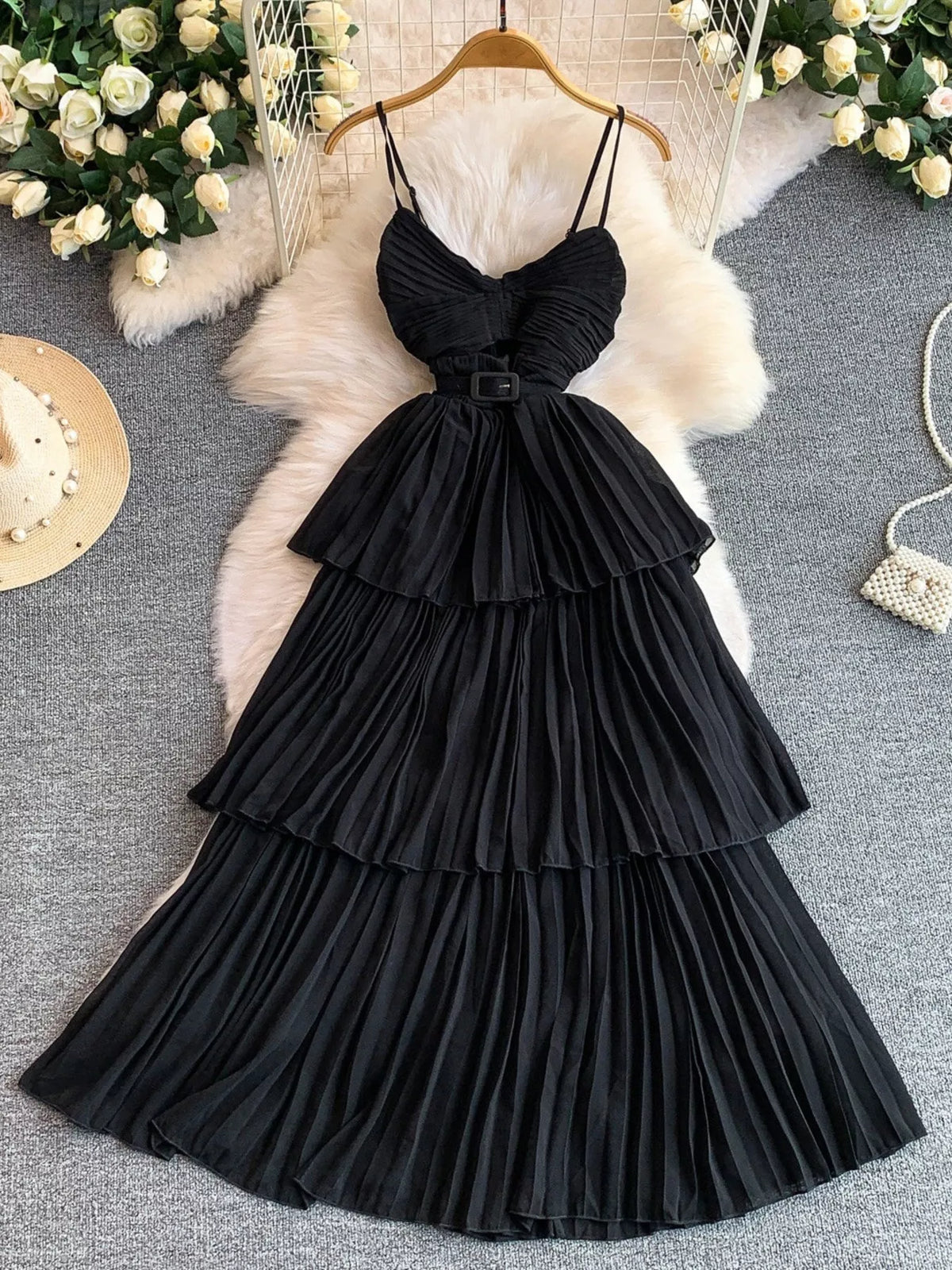 Hazel Blues® | Pleated Layered Spaghetti Strap Midi Dress