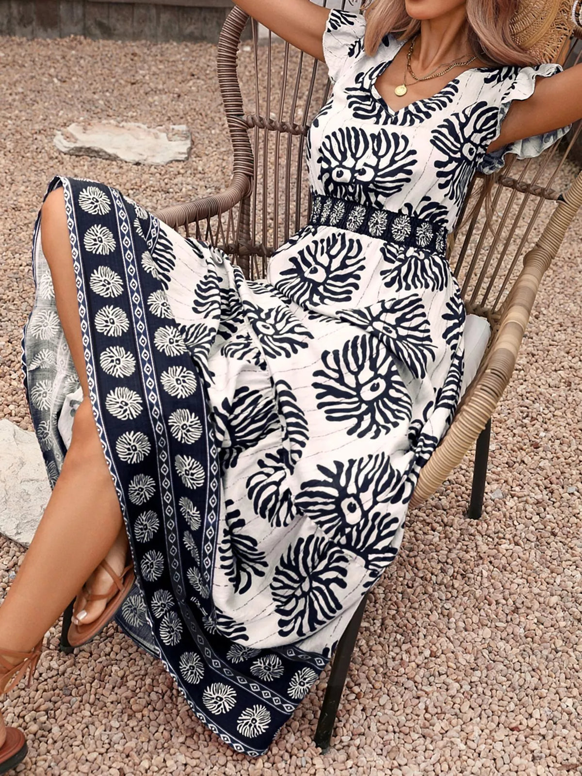 Hazel Blues® | Printed V-Neck Cap Sleeve Maxi Dress