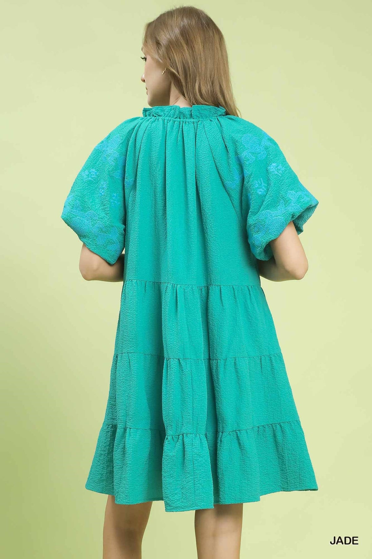 Hazel Blues® | Umgee Embroidered Tiered Puff Sleeve Mini Dress