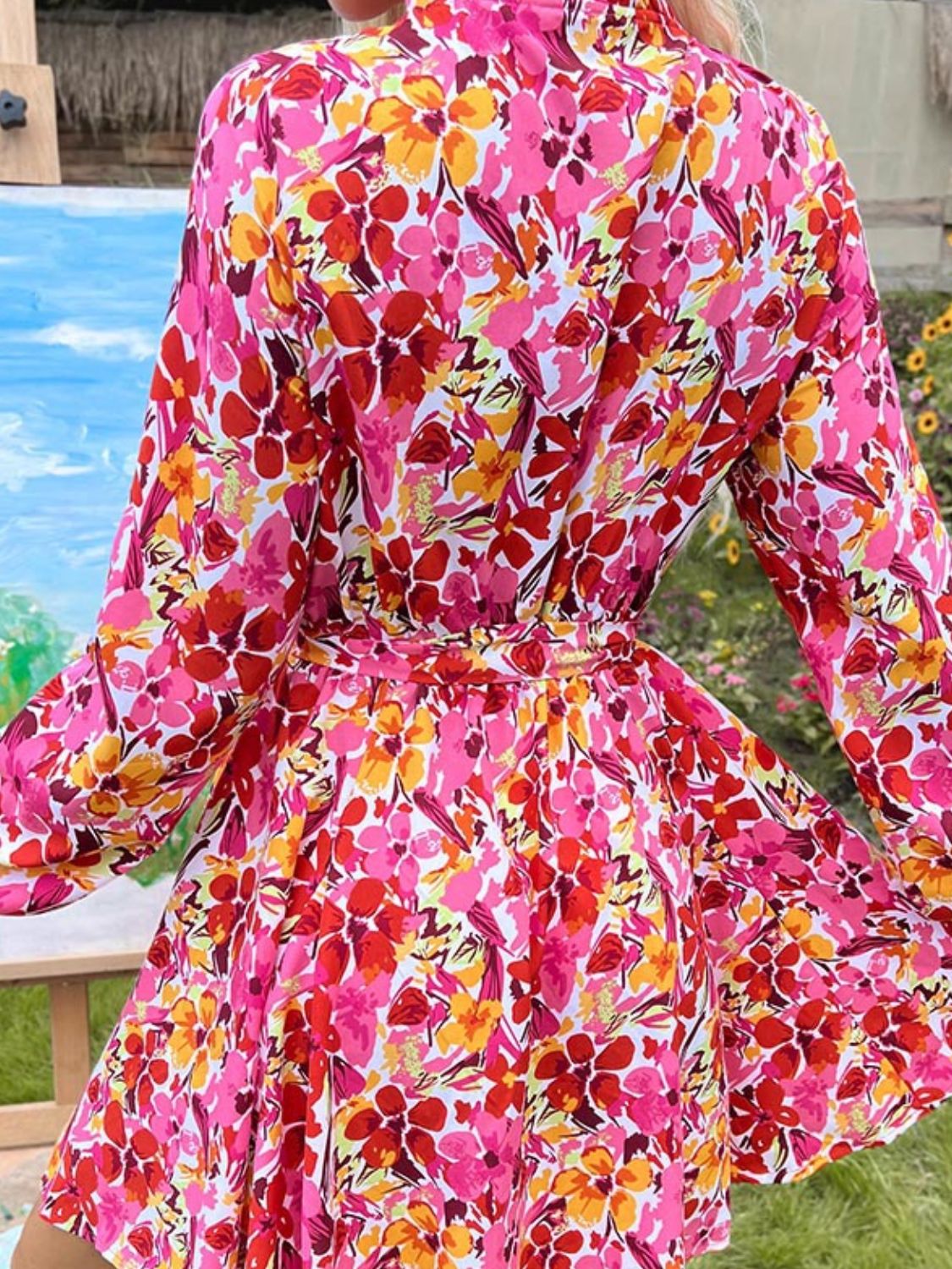 Hazel Blues® | Perfee Tie Front Printed Long Sleeve Mini Dress