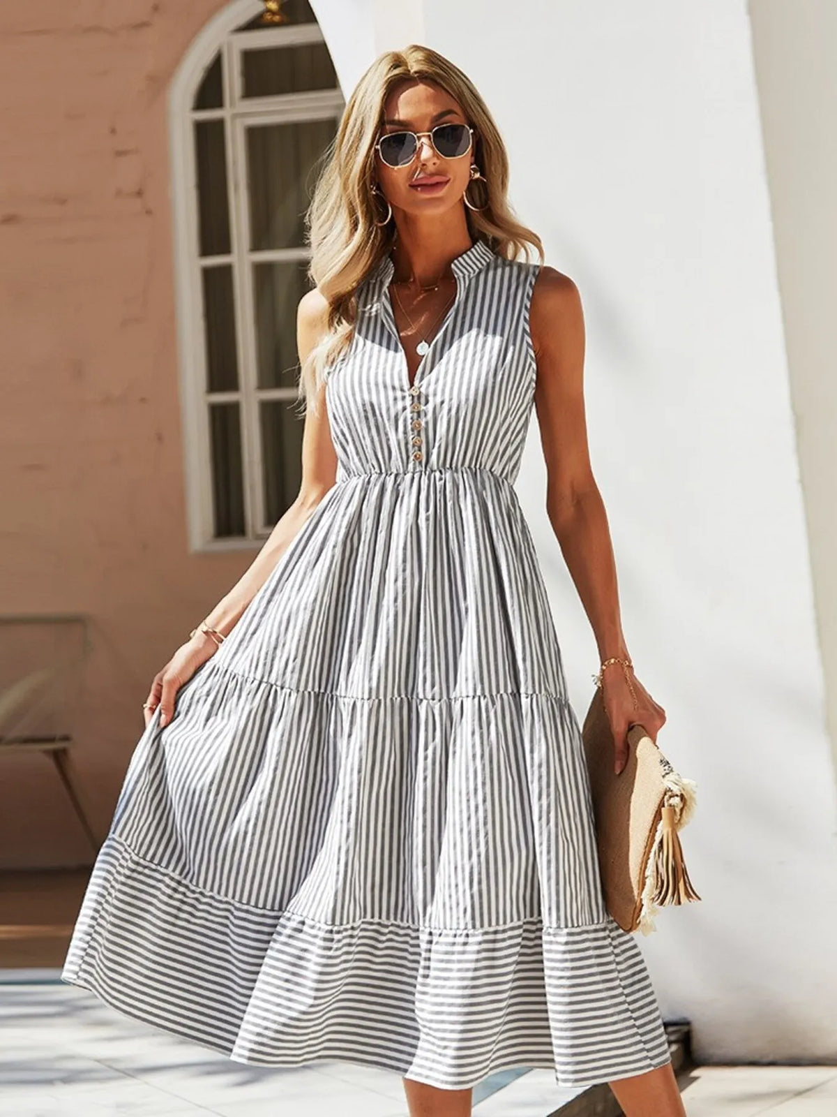 Hazel Blues® | Striped Sleeveless Tiered Midi Dress