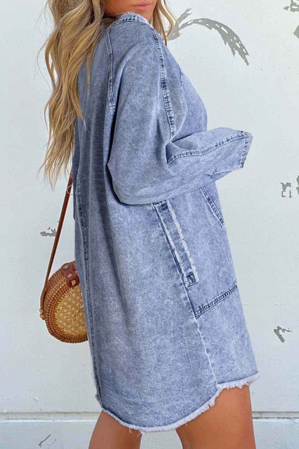 Hazel Blues® | Raw Hem Button Down Long Sleeve Denim Dress
