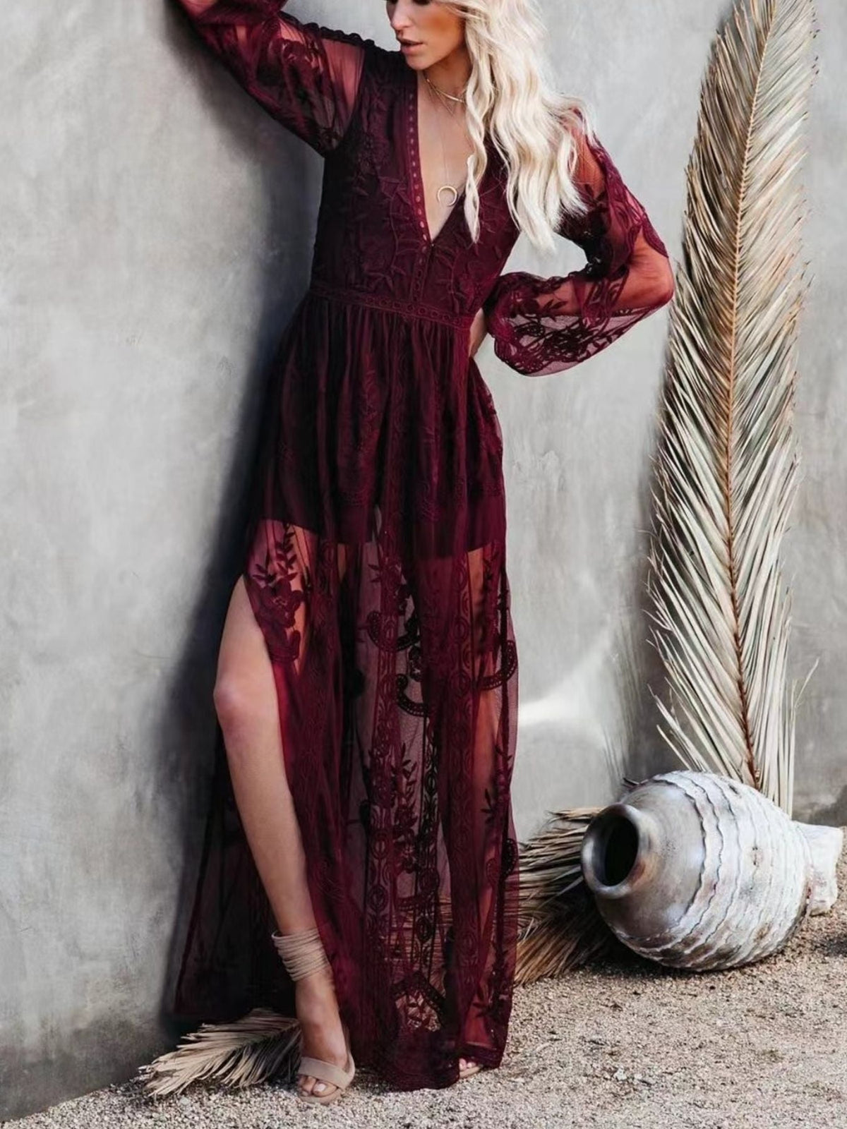 Hazel Blues® | Floral Lace Slit Maxi Dress