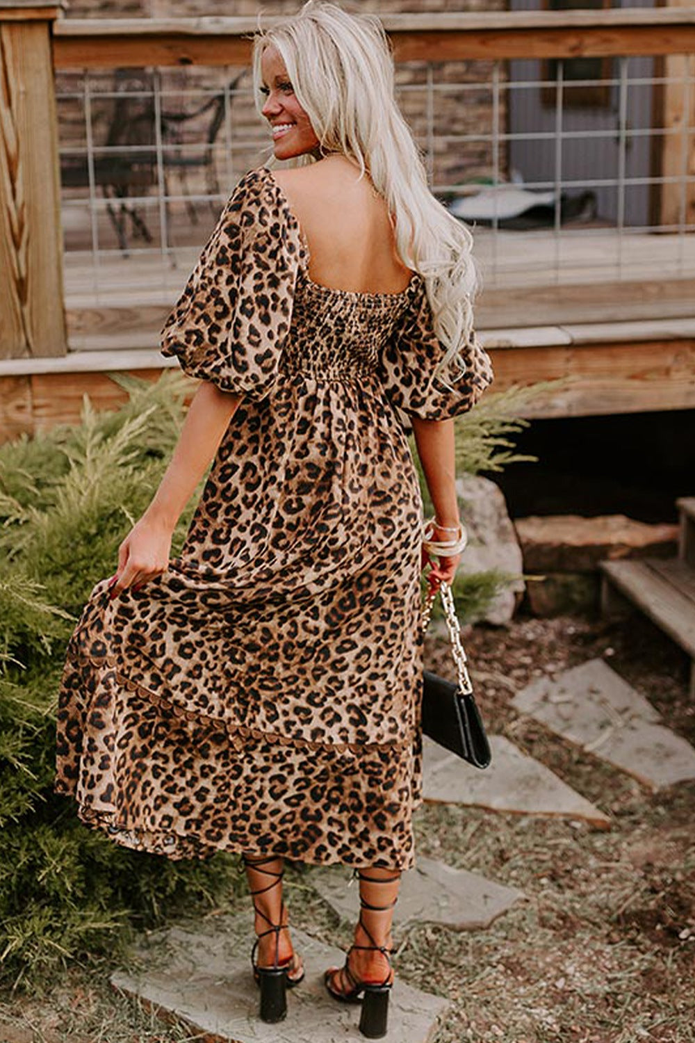 Hazel Blues® | Leopard Square Neck Puff Sleeve Maxi Dress