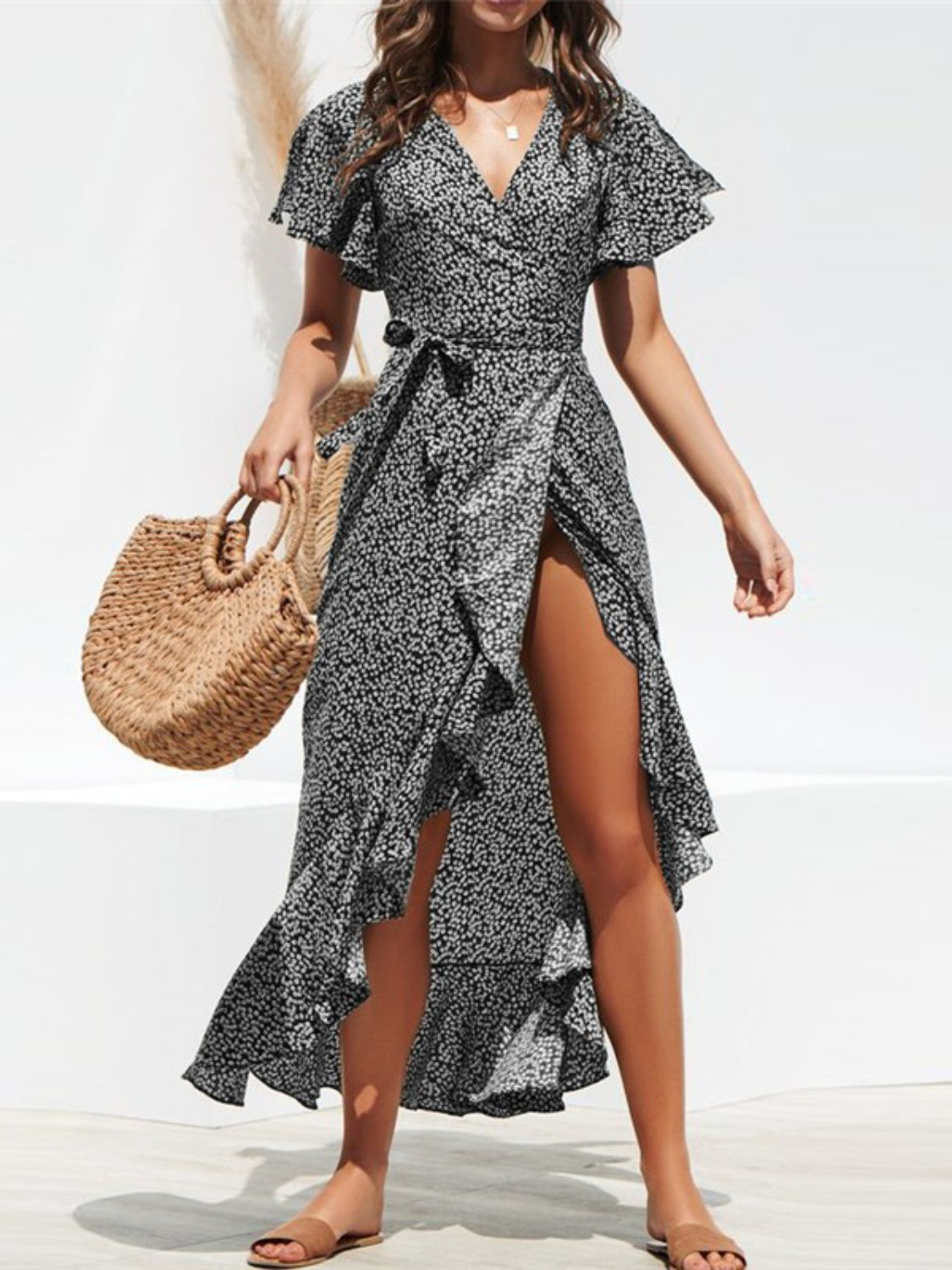 Hazel Blues® | Tied Ruffled Printed Short Sleeve Midi Wrap Dress