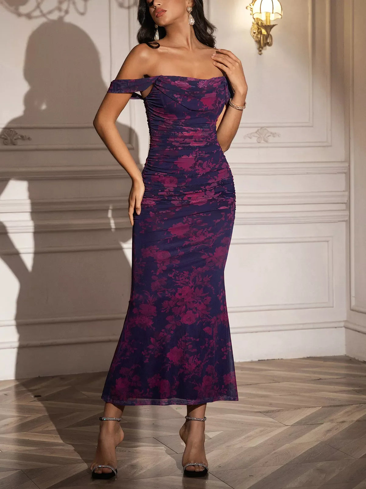 Hazel Blues® | Off-Shoulder Ruched Floral Mermaid Dress
