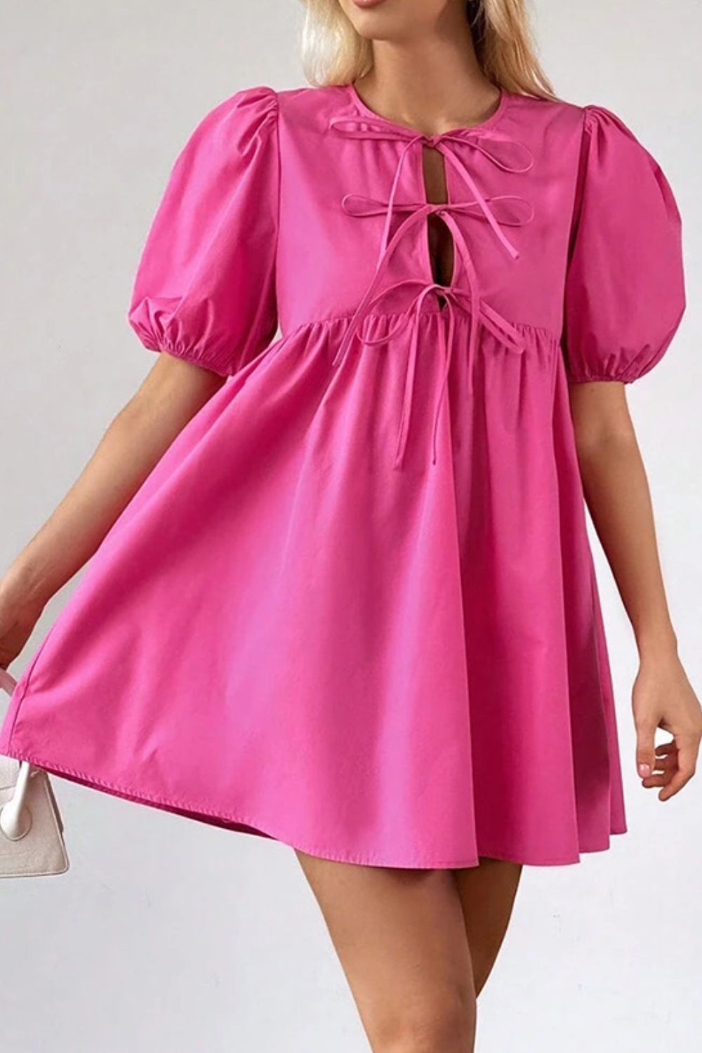 Hazel Blues® | Puff Sleeve Tie Front High Waist Mini Dress