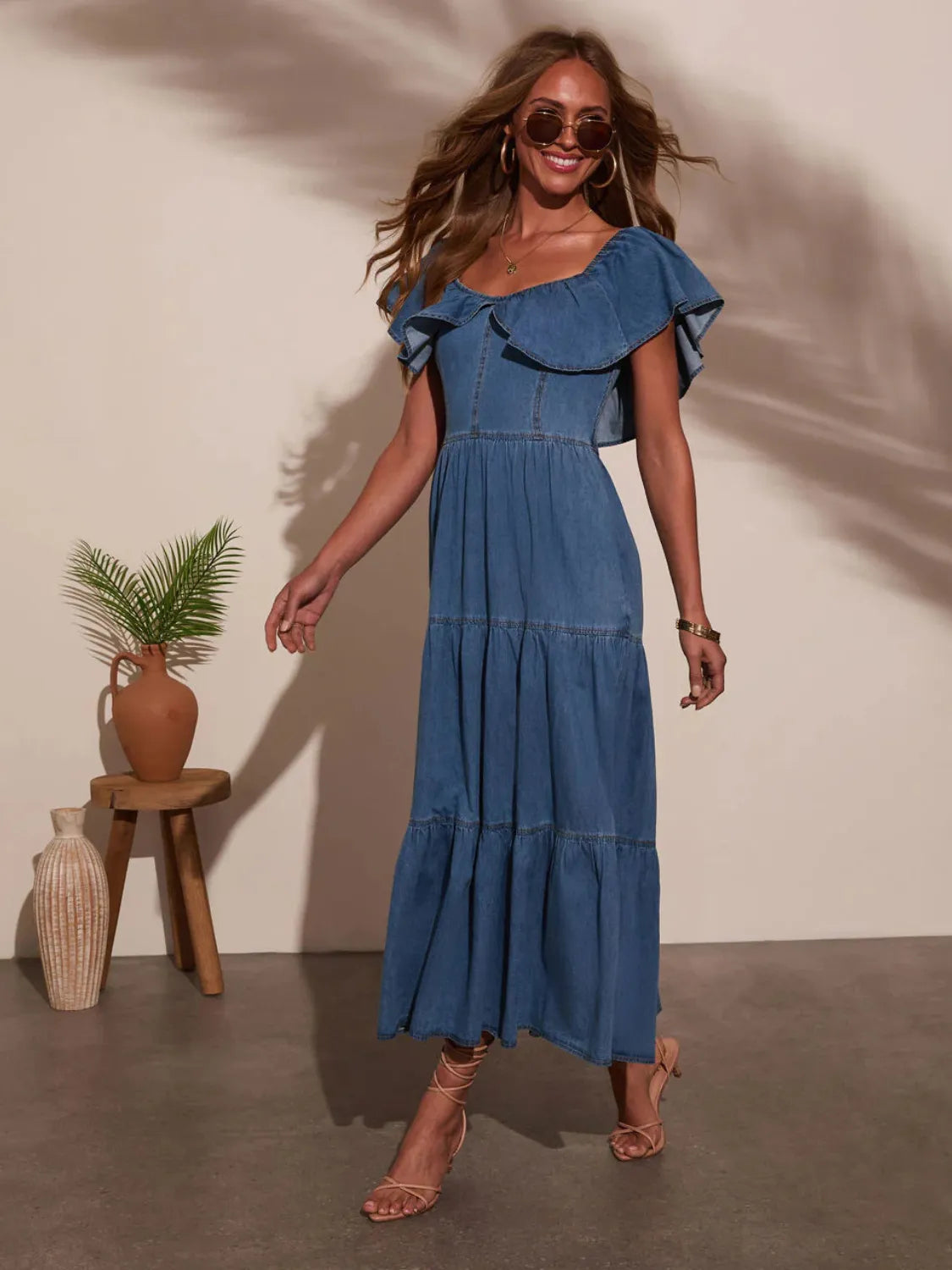 Hazel Blues® | Off Shoulder Ruffle Tiered Denim Dress