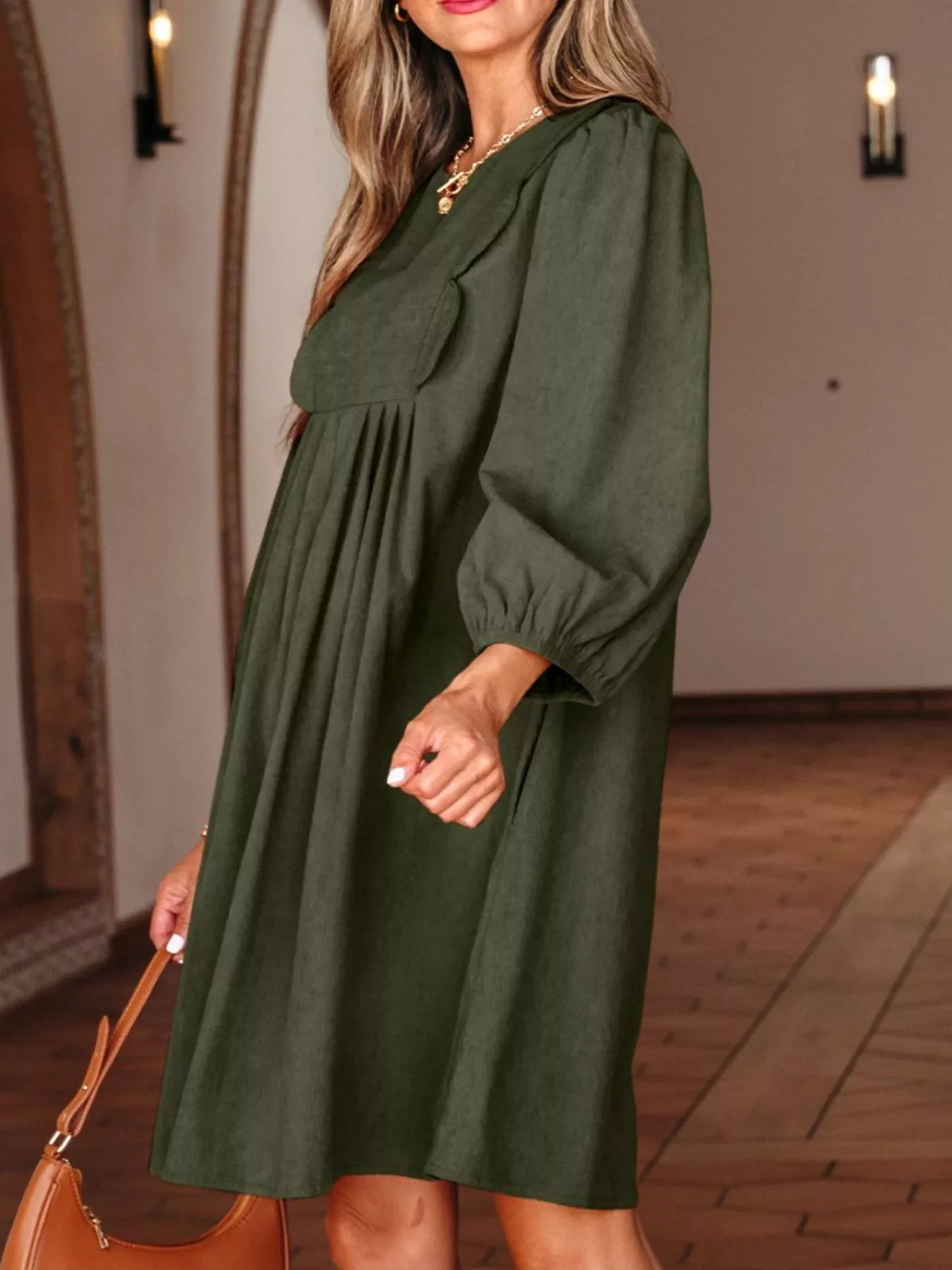 Hazel Blues® | Bracelet Sleeve Split Neck Scallop Detail Pleated Corduroy Mini Dress