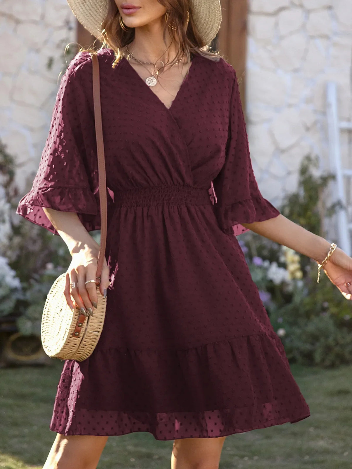 Hazel Blues® | Swiss Dot Flare Sleeve Wrap Mini Dress