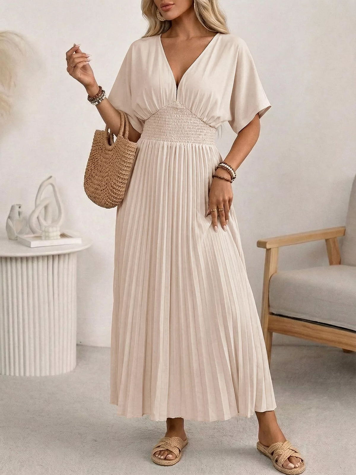 Hazel Blues® | Pleated V-Neck Midi Dress