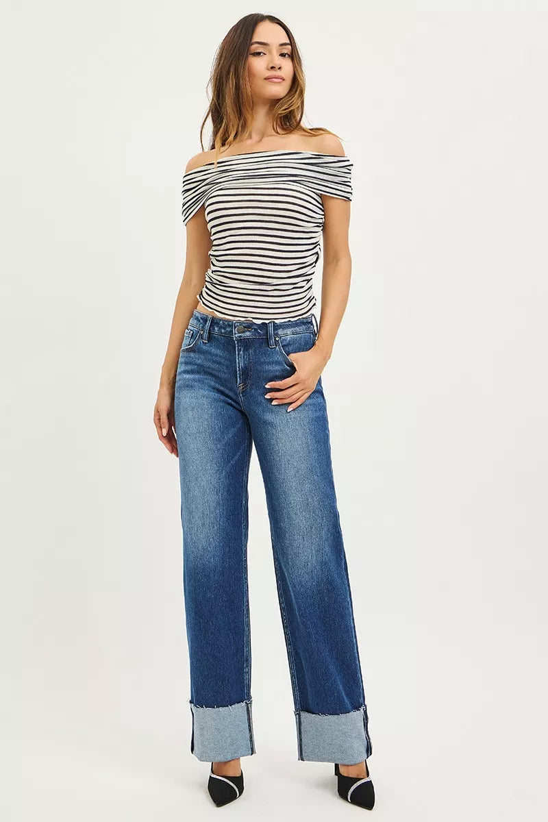 Hazel Blues® | RISEN Mid Rise Wide Straight Jeans With Wide Cuff