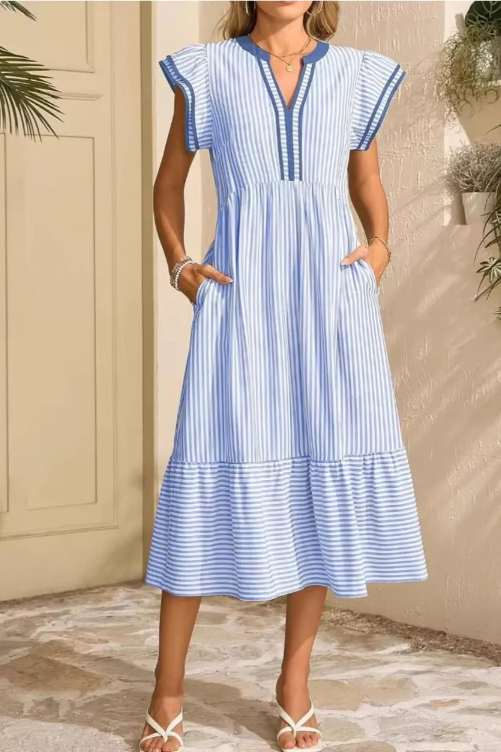 Hazel Blues® | Striped Ruffle Sleeve Midi Dress