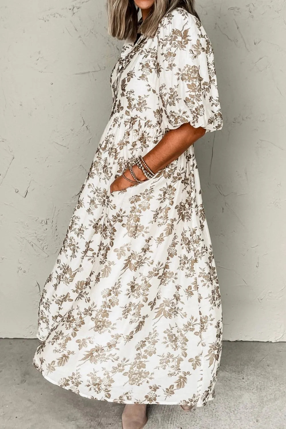 Hazel Blues® | Printed Button Front Puff Sleeve Dress