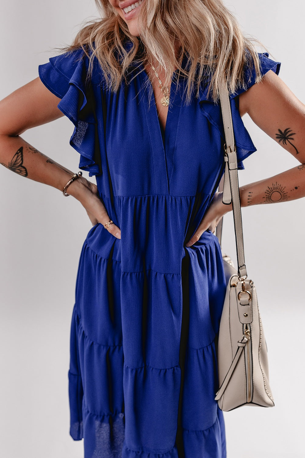 Hazel Blues® | Ruffled Short Sleeve Collared V Neck Tiered Midi Dress