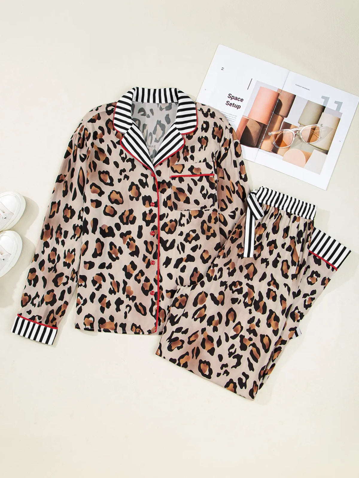 Hazel Blues® | Leopard and Striped Trim Shirt and Pants Set