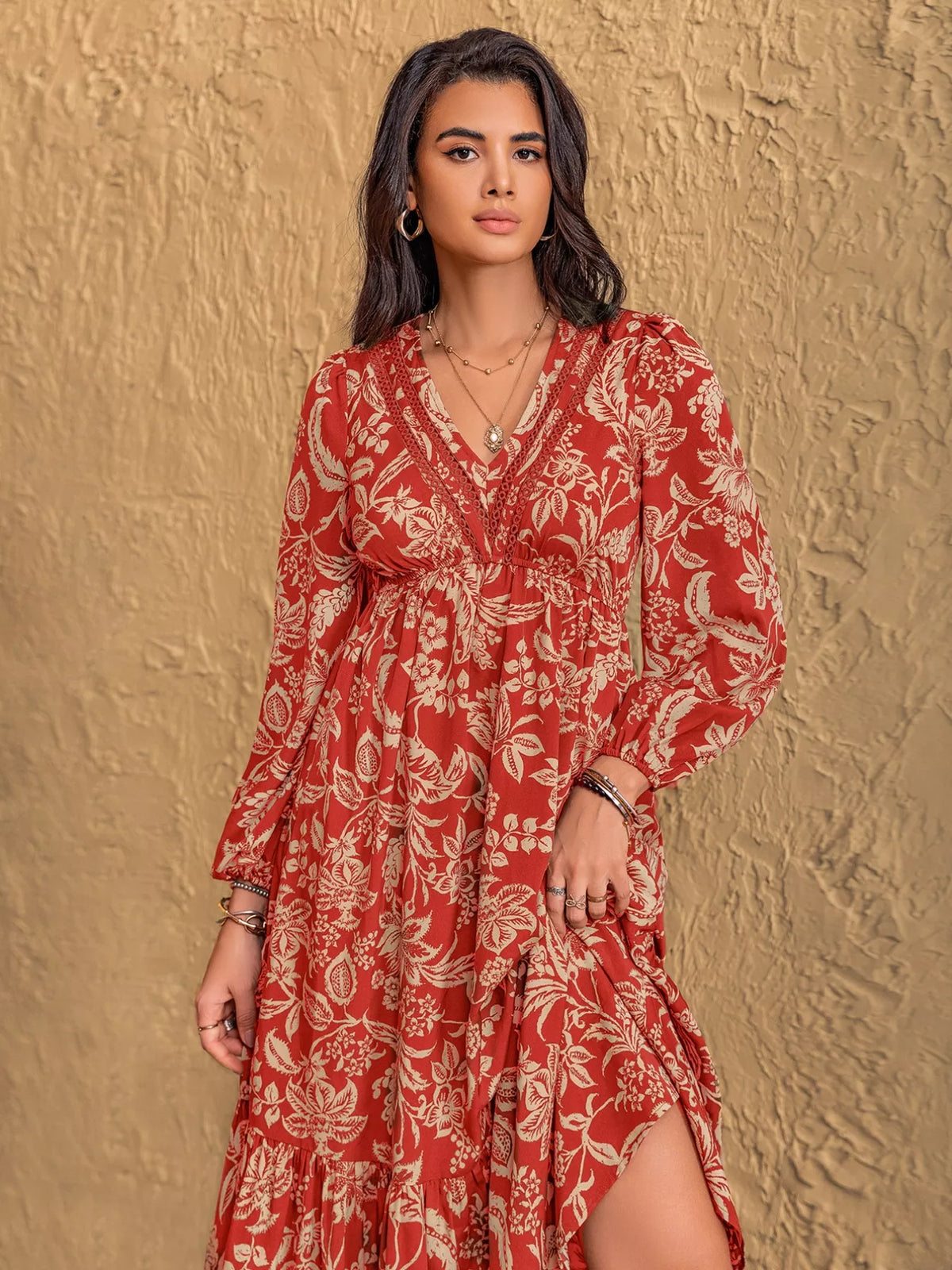 Hazel Blues® | Boho Floral Print Long Sleeve Midi Dress