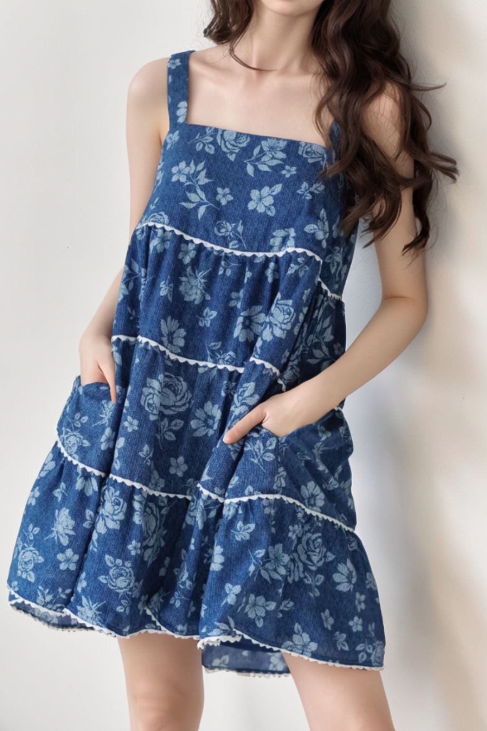 Hazel Blues® | Floral Tiered Square Neck Denim Dress