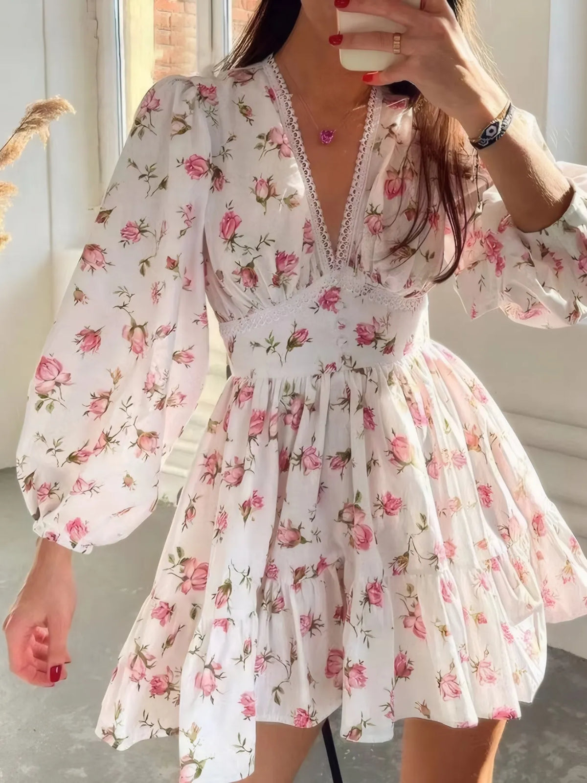 Hazel Blues® | Floral Print Lace Detail V-Neck Mini Dress Plus SIze