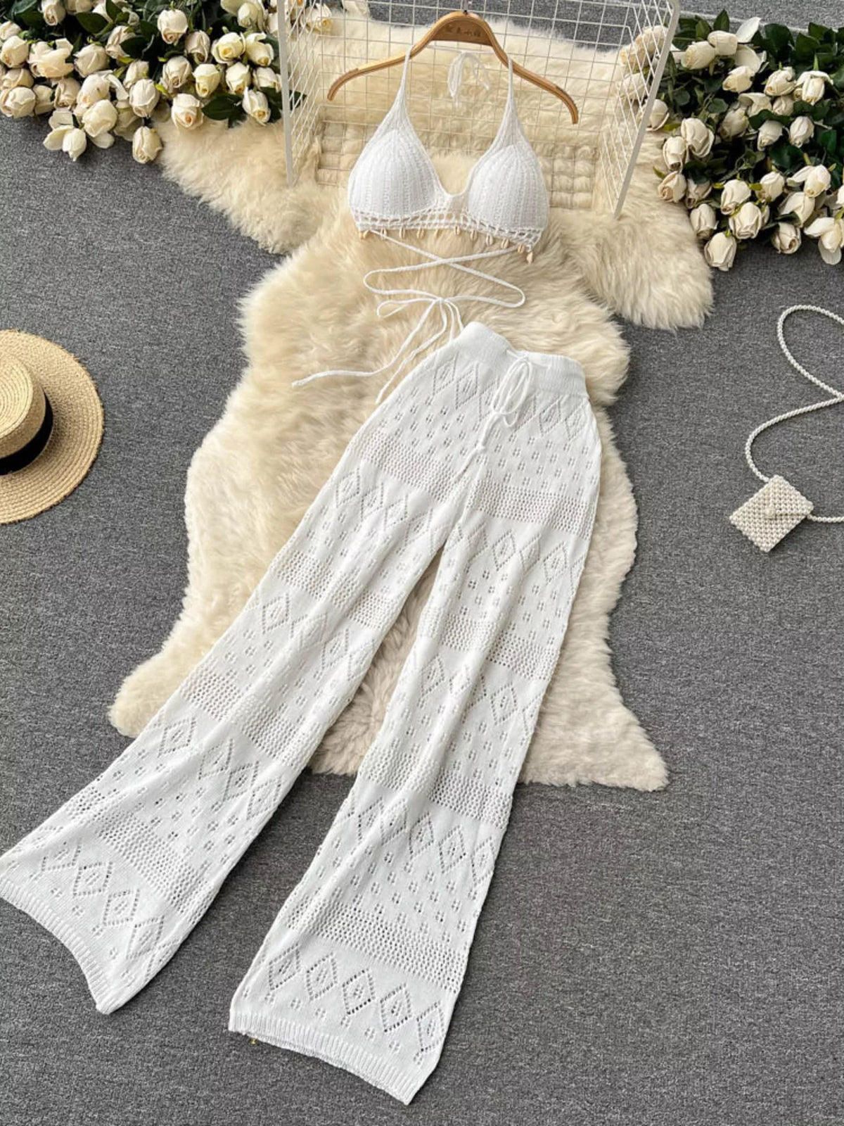 Hazel Blues® | Crochet Knit Halter Neck Top and Wide Leg Pants Set