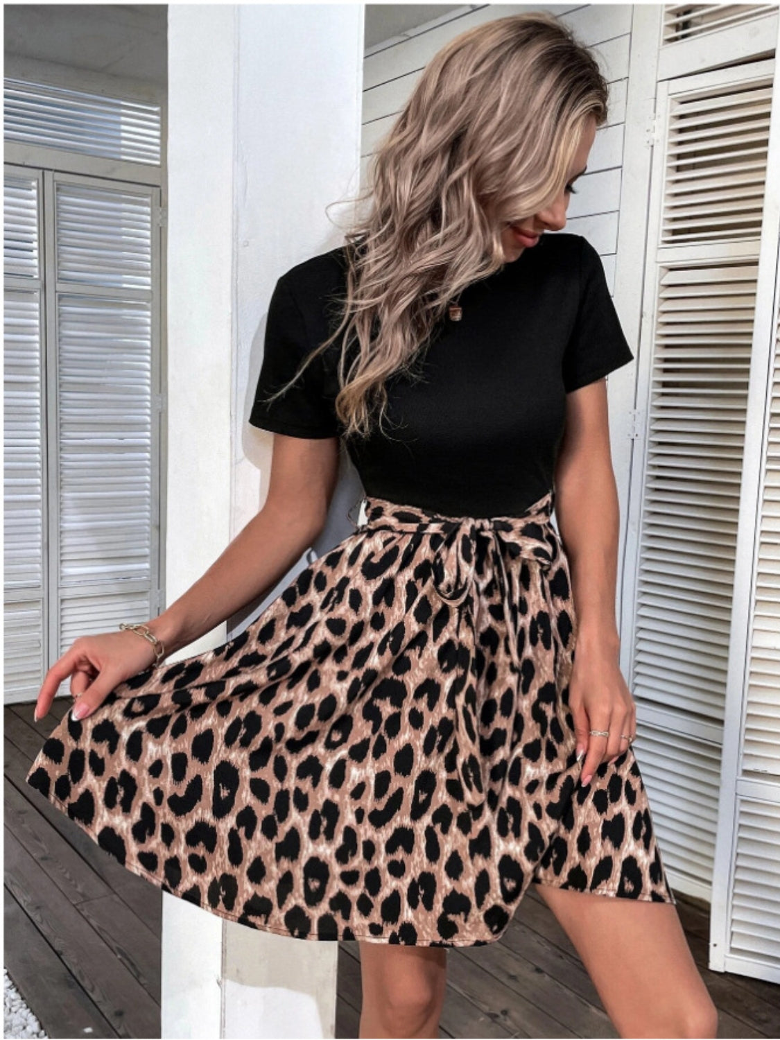 Hazel Blues® | Tied Front Contrast Leopard Short Sleeve Mini Dress