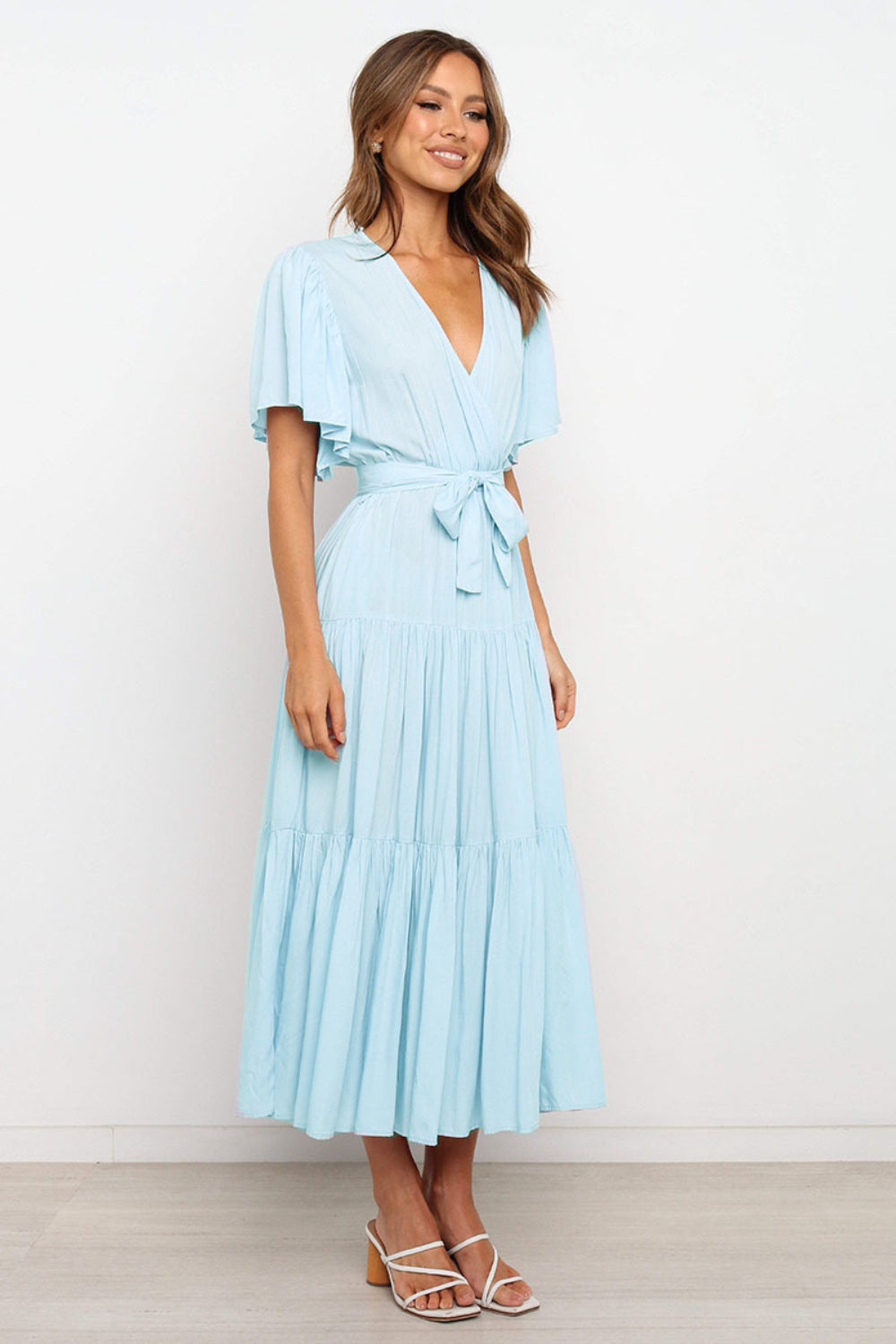 Hazel Blues® | Tied Back Tiered Short Sleeve Midi Dress