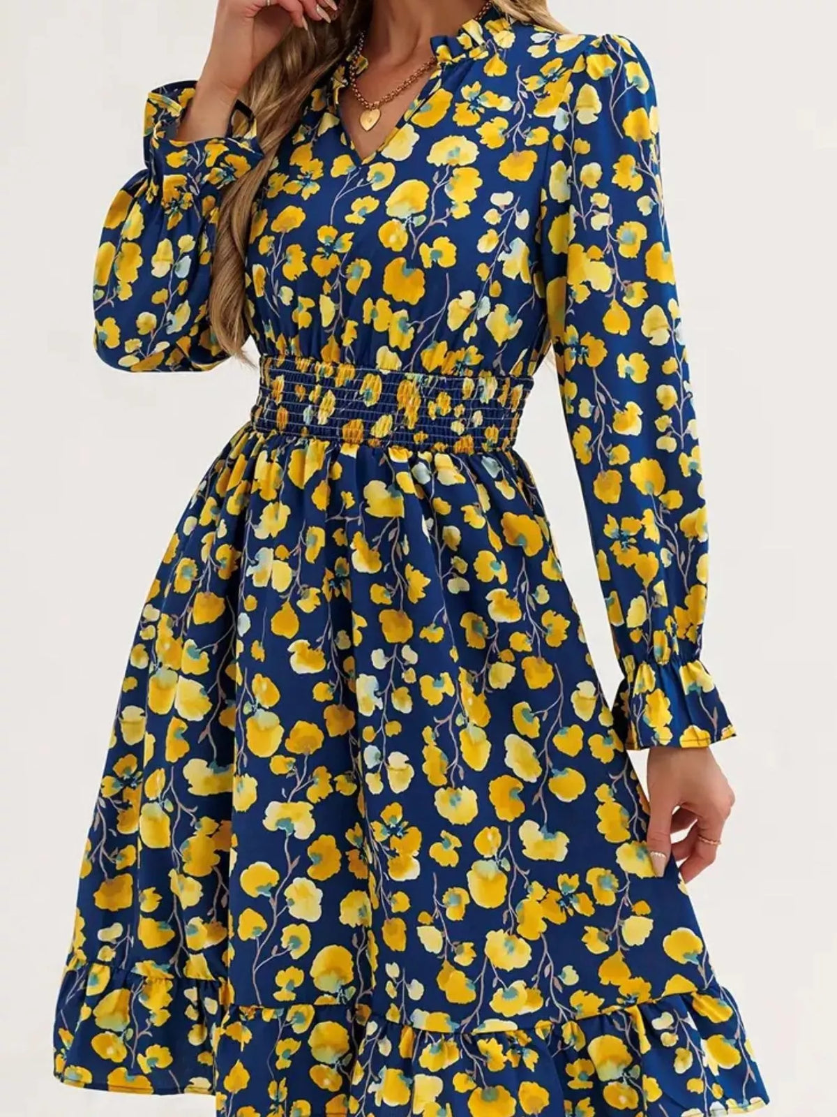 Hazel Blues® | Floral Notched Flounce Sleeve Dress