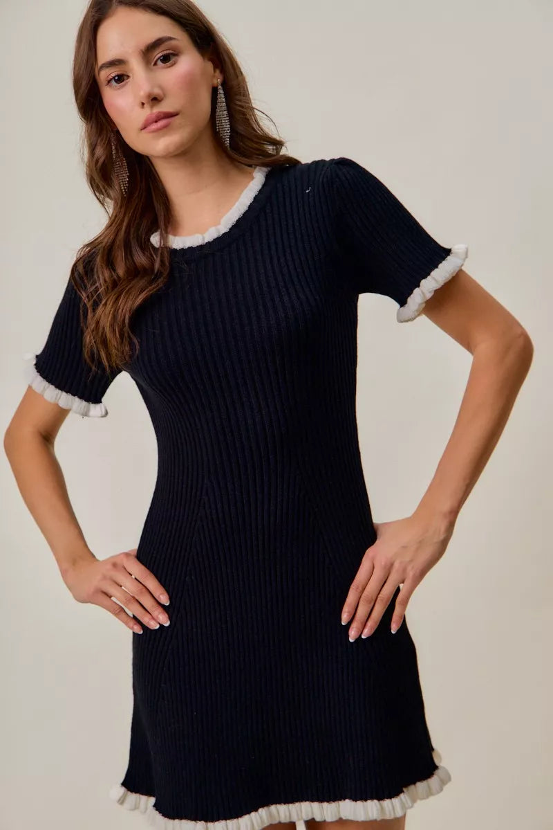 Hazel Blues® | SO ME Contrast Ruffled Sweater Knit Mini Dress