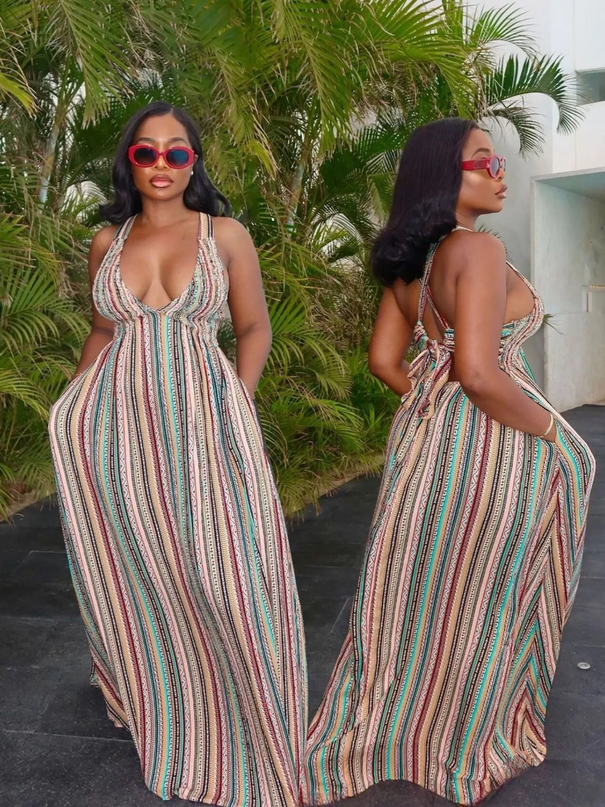 Hazel Blues® | Striped Deep V-Neck Maxi Dress