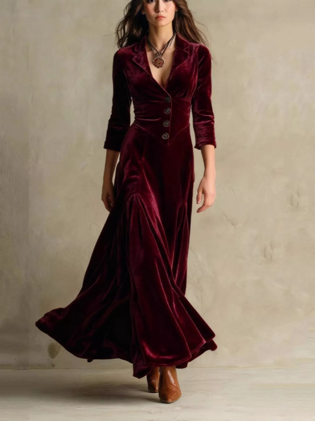 Hazel Blues® | Velvet Button Front 3/4 Sleeve Maxi Dress