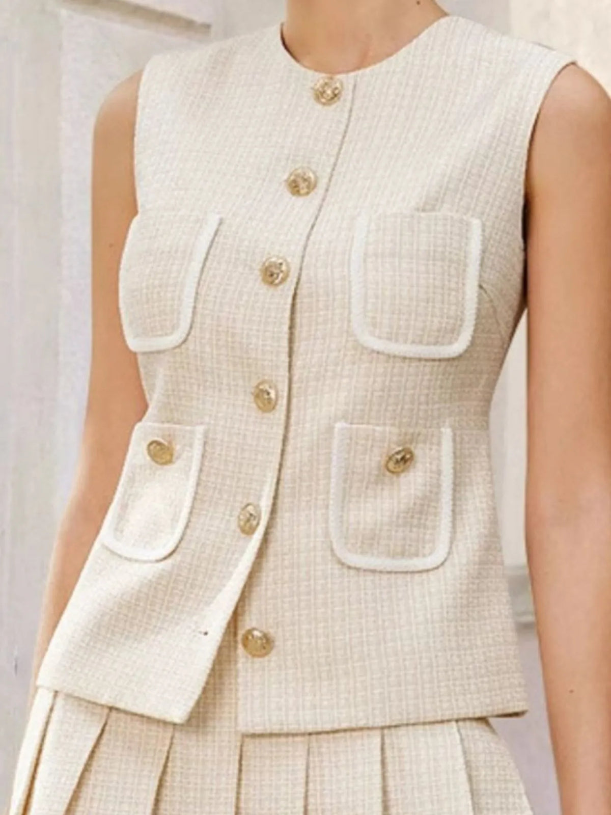 Hazel Blues® | Tweed Button-Front Vest and Pleated Skirt Set