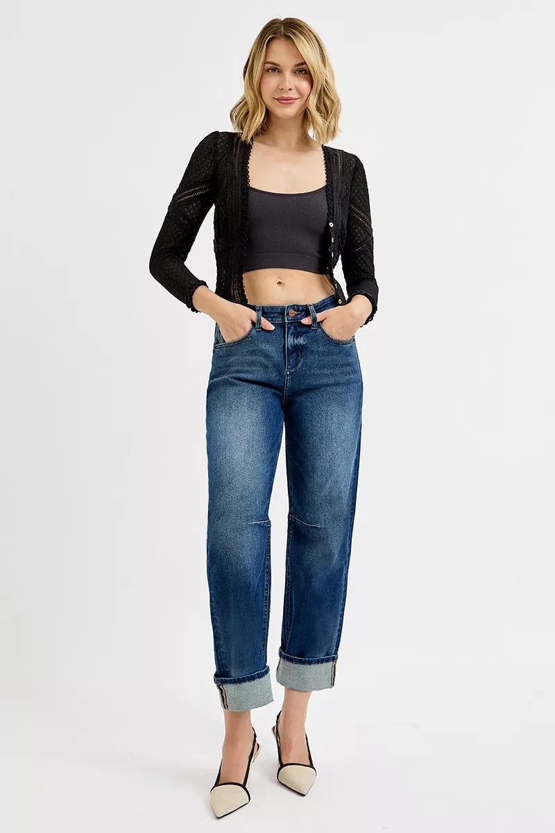 Hazel Blues® | RISEN Slouchy Crop Barrel Cuffed Jeans