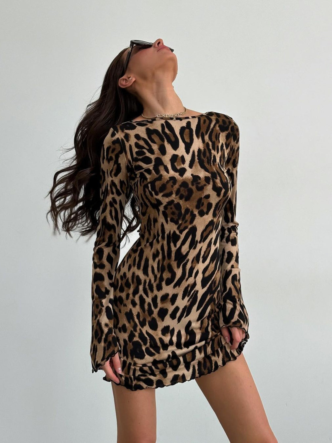 Hazel Blues® | Leopard Backless Long Sleeve Mini Dress