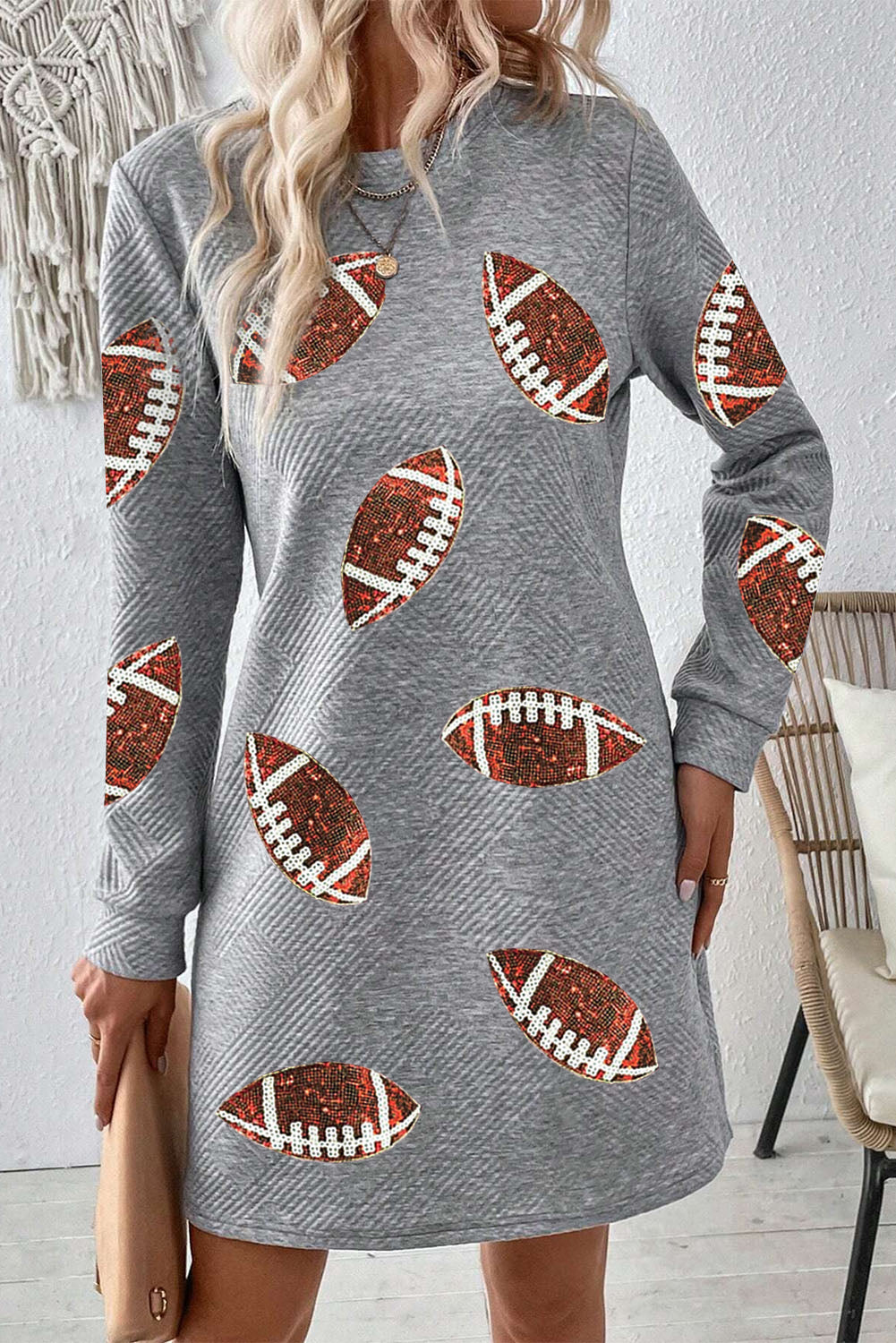 Hazel Blues® | Gray Sequin Football Graphic Textured Long Sleeve Shift Mini Dress