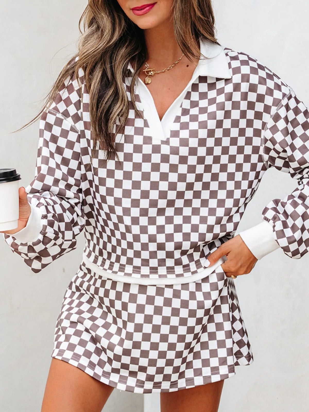 Hazel Blues® | Checkered Print Polo Collar Cropped Long Sleeve Top and Drawstring Mini Skirt Set