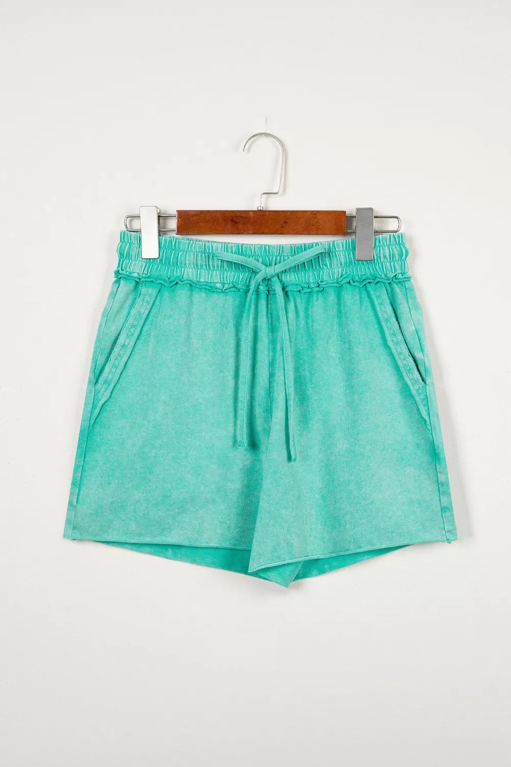 Hazel Blues® | Mineral Washed Drawstring Elastic Waist Raw Cut Shorts