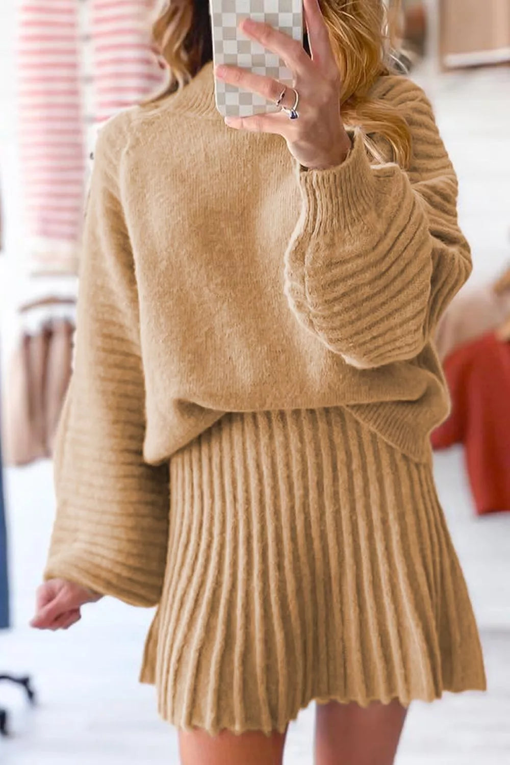 Hazel Blues® | Ribbed Knit Long Sleeve Top and Skirt Sweater Set