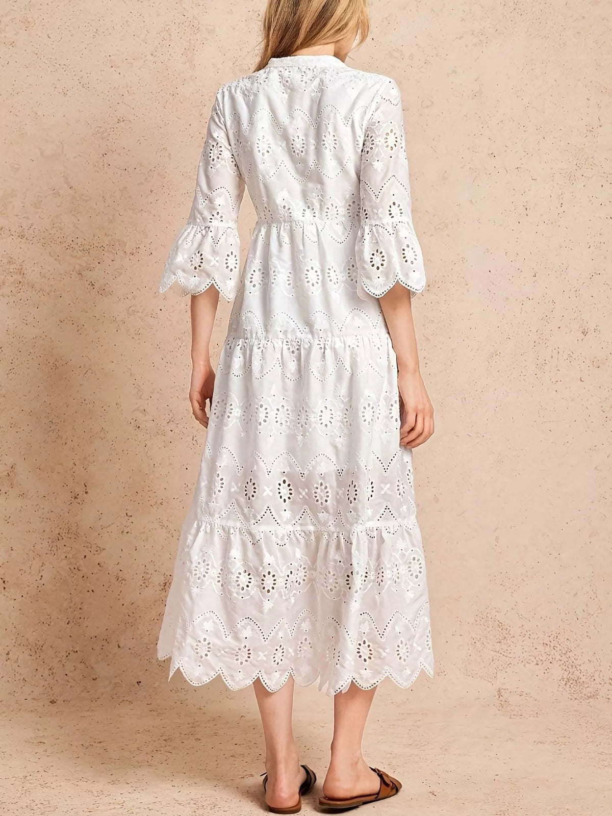 Hazel Blues® | Eyelet Notched Tiered Midi Dress
