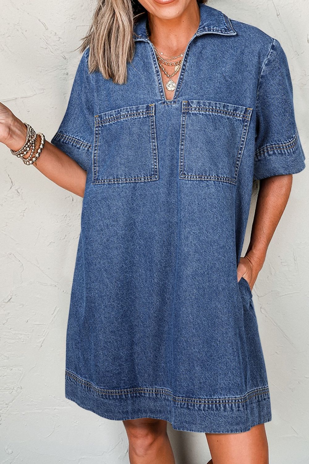 Hazel Blues® | Short Sleeve Collared Patched Pocket Denim Mini Dress