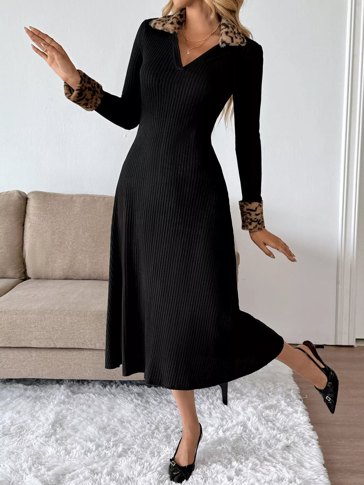 Hazel Blues® | Leopard Cuff Johnny Collar Midi Dress