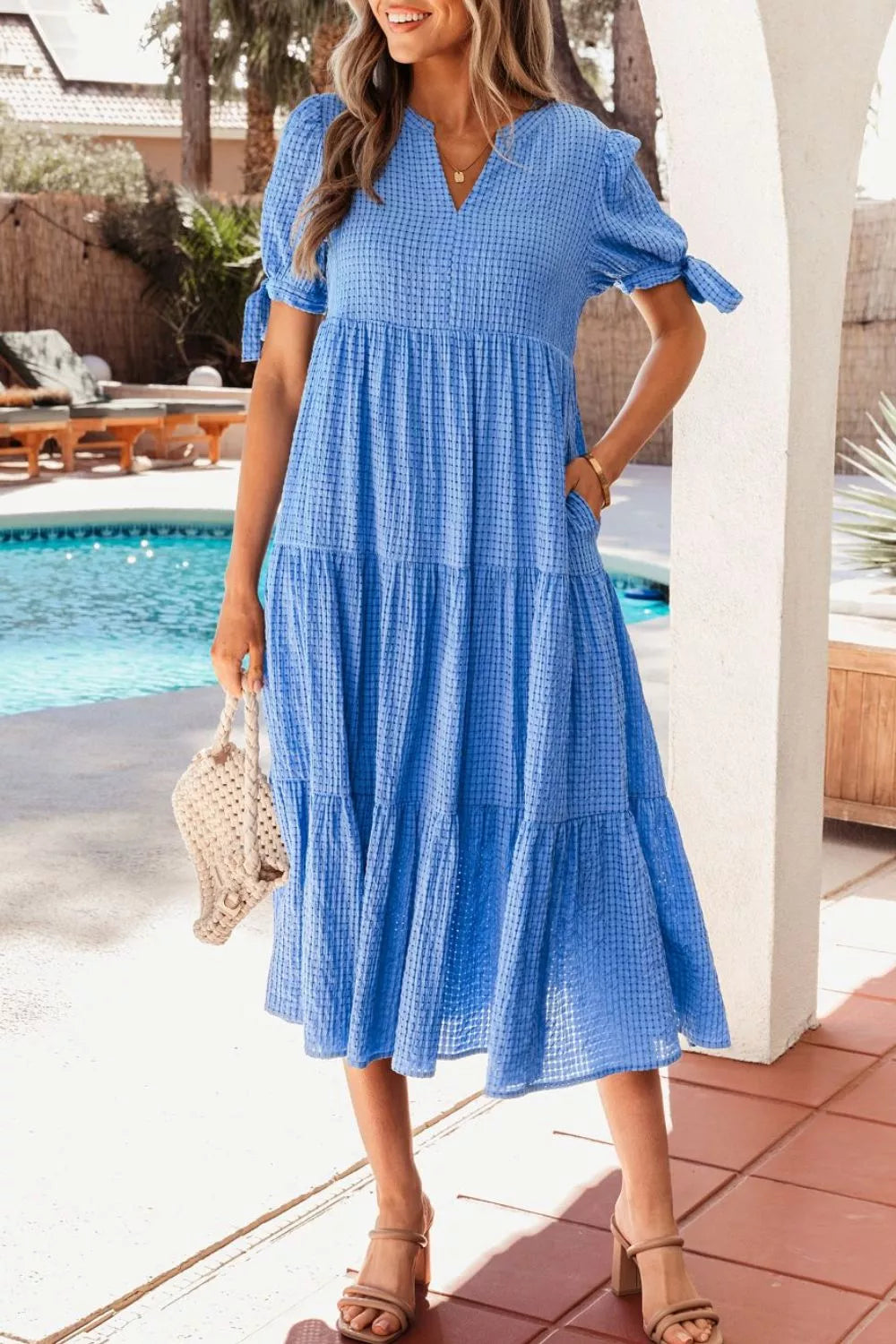 Hazel Blues® | Notched Short Sleeve Tiered Midi Dress