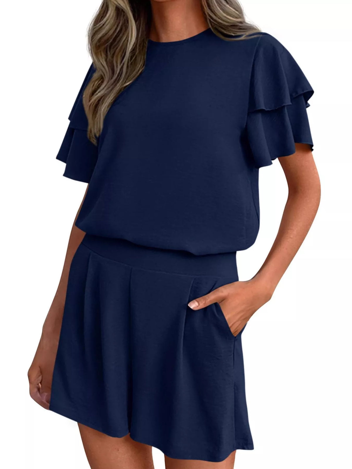 Hazel Blues® | Ruffle Sleeve Top and Shorts Two-Piece Set