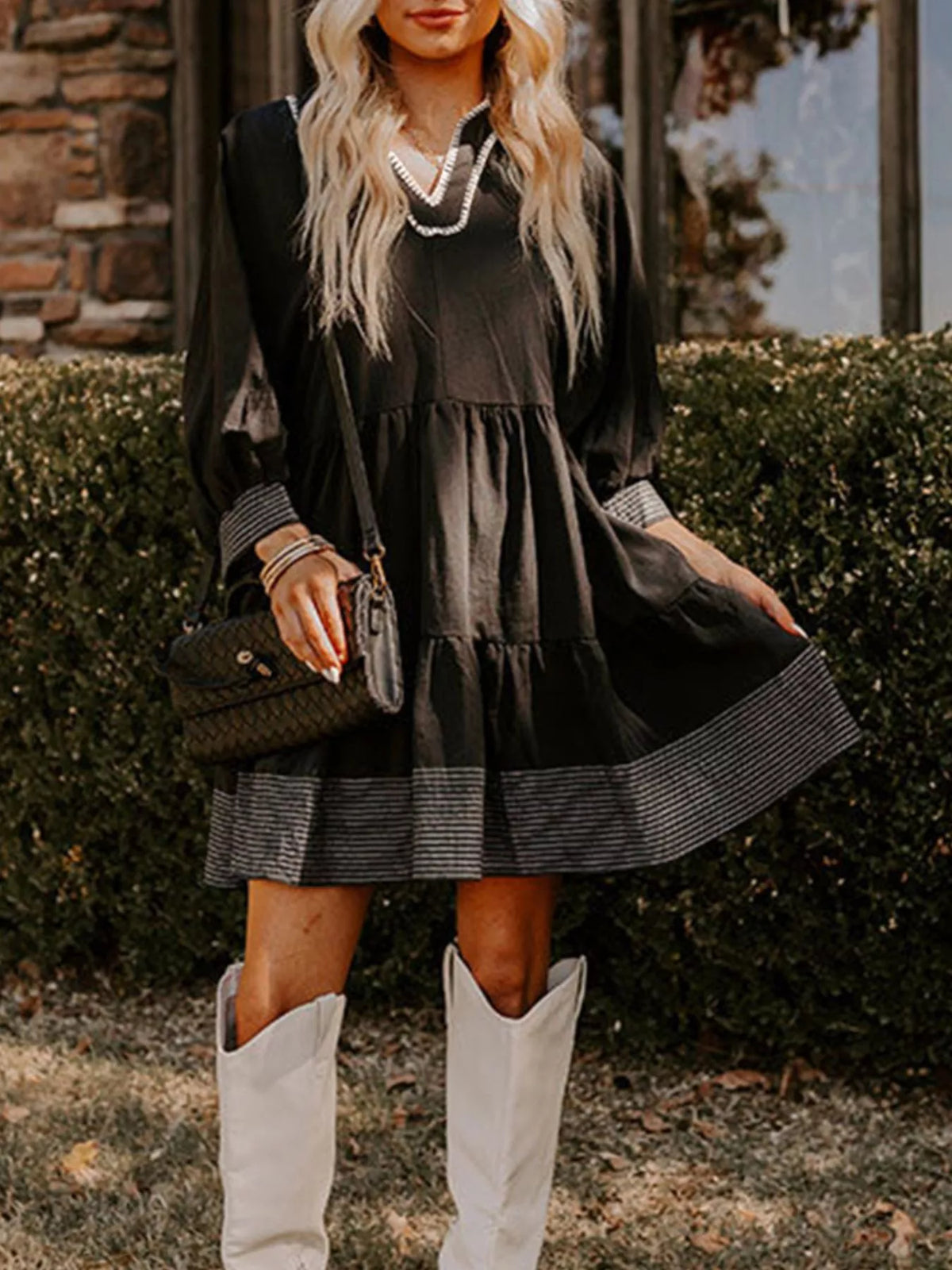 Hazel Blues® | Striped Hem 3/4 Sleeve Tiered Dress