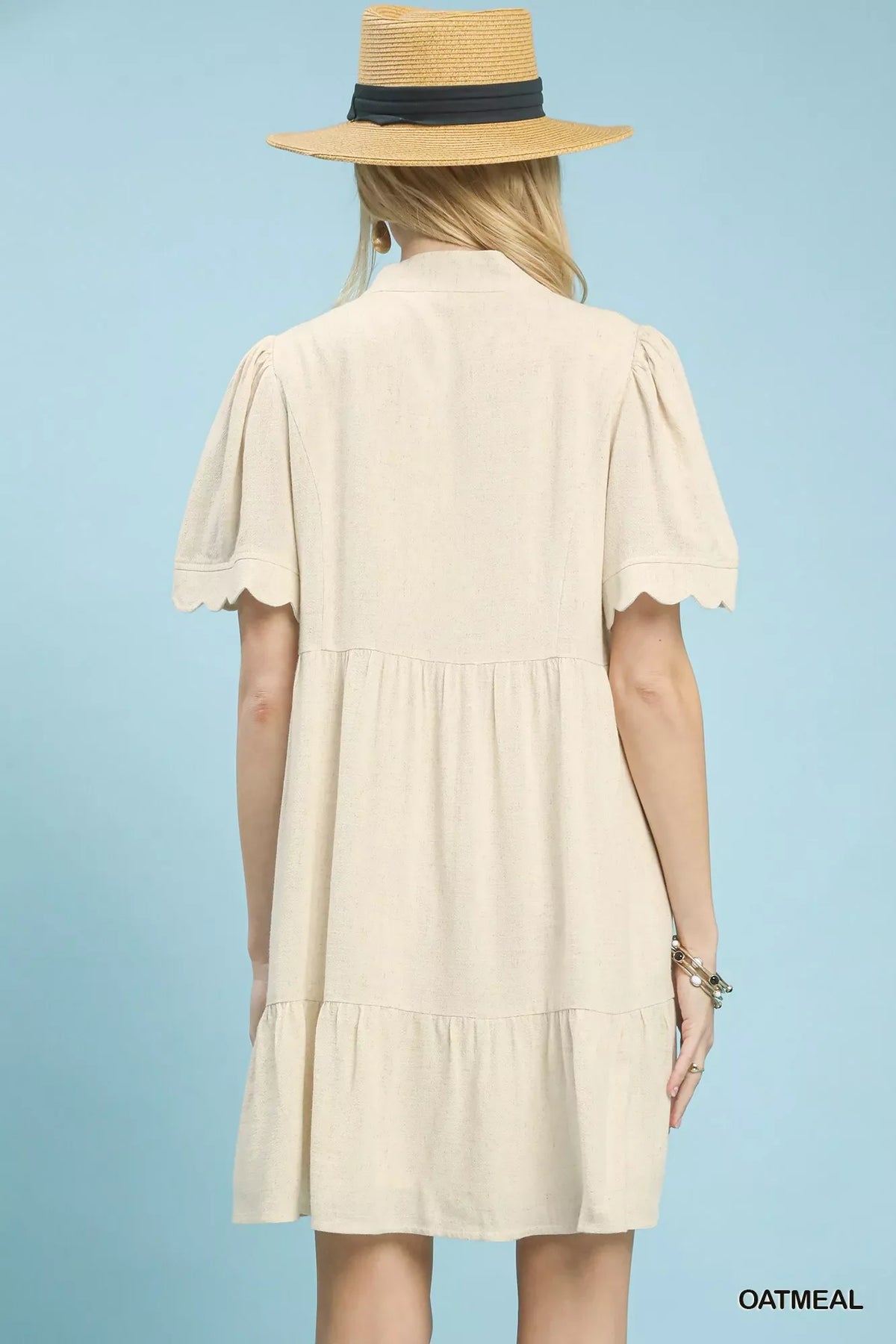 Hazel Blues® | Umgee Linen Tiered Babydoll Dress with Scalloped Sleeves